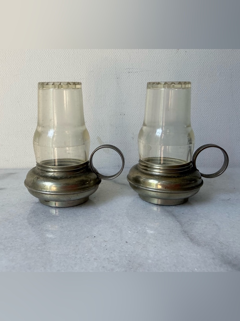 vintage hurricane oil lamp salt and pepper shakers feature metal bases